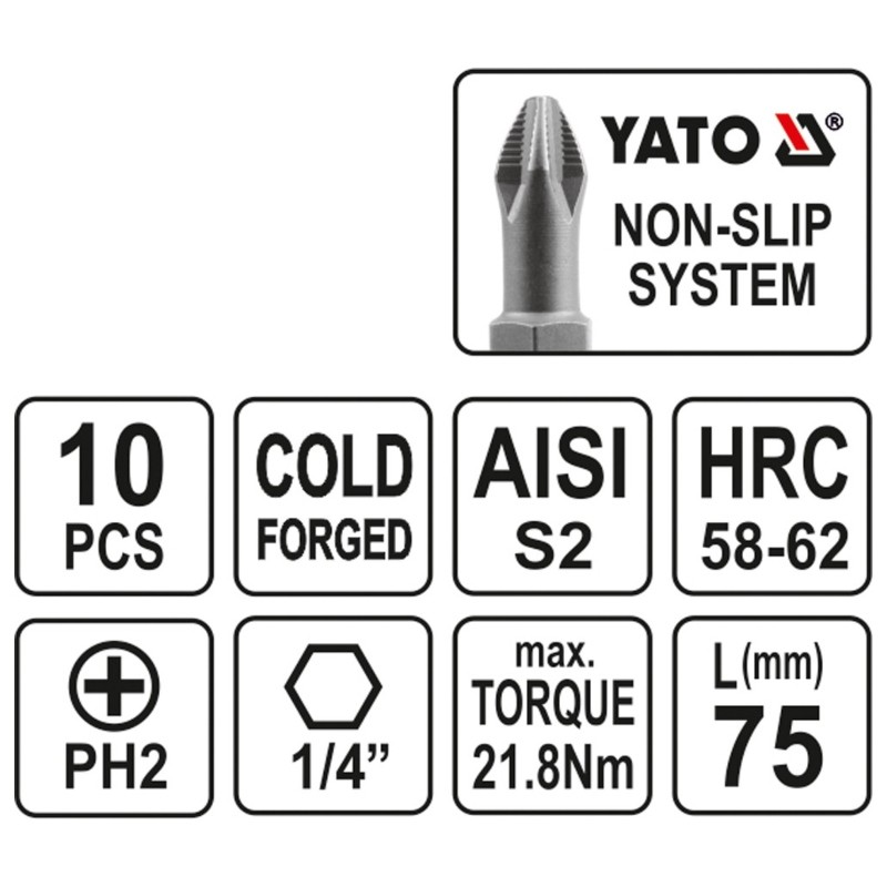 YT-0480 YATO Set 10 biti cruce PH2,prindere hexagon 1/4",lungime 75 mm