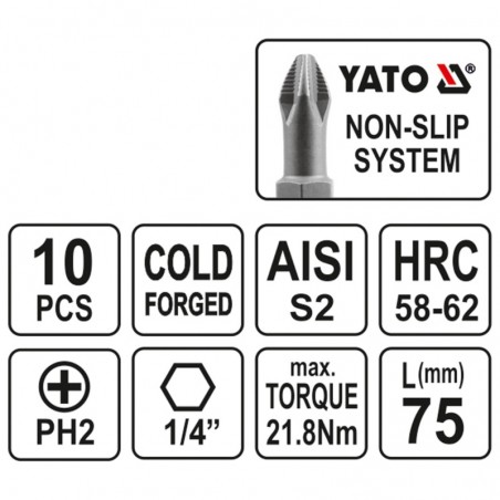YT-0480 YATO Set 10 biti cruce PH2,prindere hexagon 1/4",lungime 75 mm