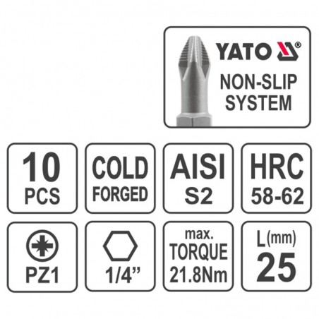 YT-0470 YATO Trusa 10 biti stea PZ1,prindere hexagon 1/4,lungime 25 mm