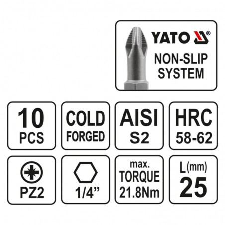 YT-0471 YATO Trusa 10 biti stea PZ2,prindere hexagon 1/4,lungime 25 mm