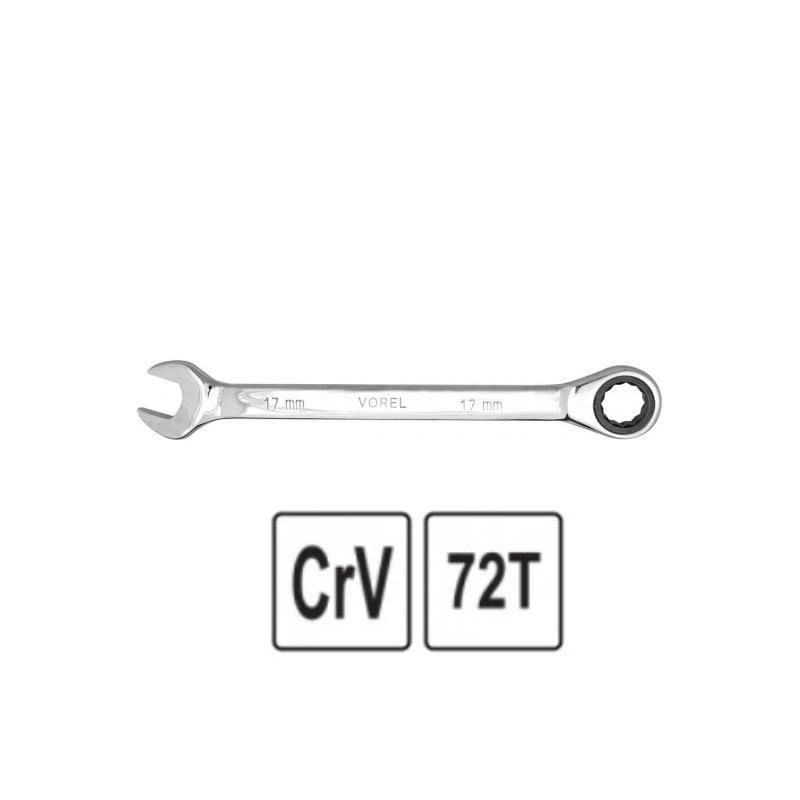 52657 VOREL Cheie combinata cu clichet 15 mm, lungime 200 mm, 72 dinti