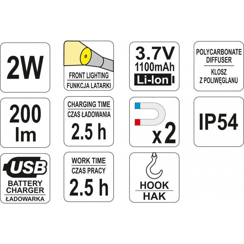 YT-08501 YATO Lampa de atelier 2W, 200 LM + 80 LM