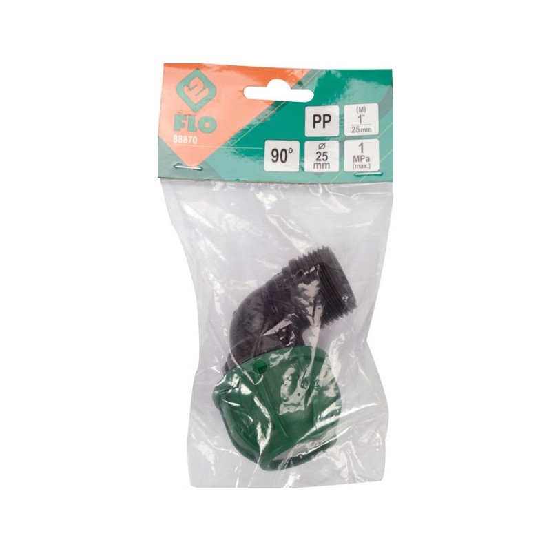 88870 FLO Conector pentru tevi PP,90 grade,dimensiune 25mm x 1",10 BAR