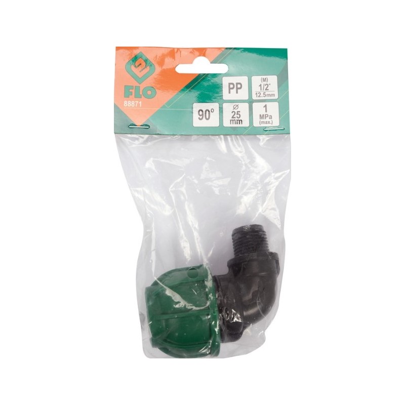 88871 FLO Conector tevi PP, 90 grade, 25 mm x 1/2", presiune 10 BAR