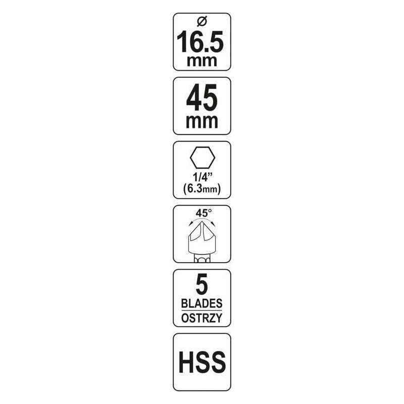 YT-44725 YATO Freza pentru metal HEX 1/4,diametru 16.5mm, lungime 45mm