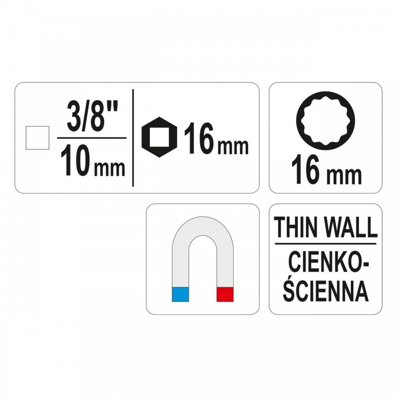 YT-38511 YATO Cheie pentru bujii 16 mm, cu prindere 3/8", 12PT