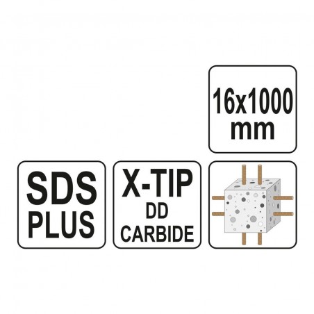 YT-41971 YATO Burghiu pentru beton,cu varf X, SDS PLUS, 16 x 1000 mm