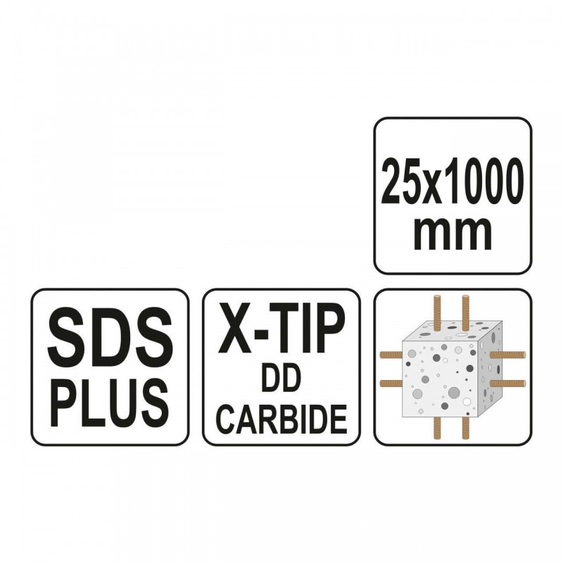 YT-41974 YATO Burghiu pentru beton,cu varf X, SDS PLUS, 25 x 1000 mm