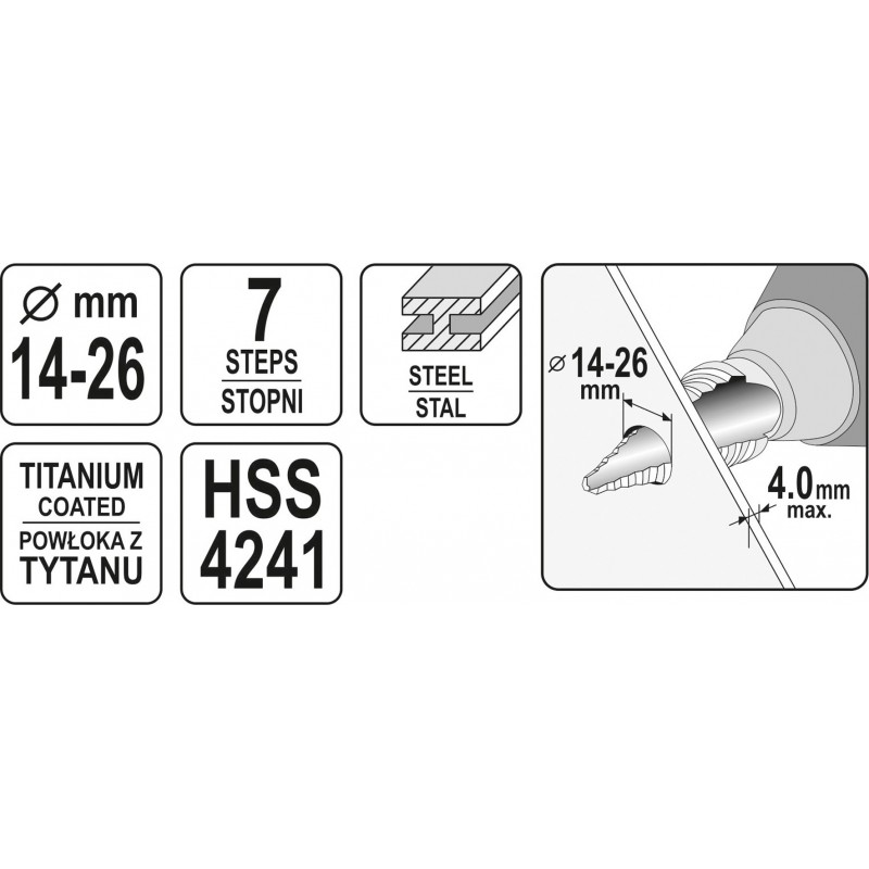 YT-44743 YATO Burghiu in trepte 14 - 26 mm