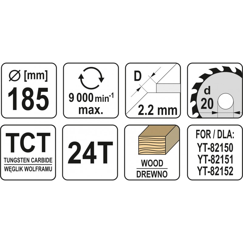 YT-60621 YATO Disc circular pentru taiat lemn 185 x 24T x 20 mm.