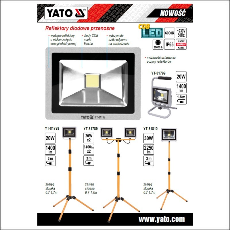 YT-81789 YATO Reflector LED cu trepied, 2x20W, 2x1400lm
