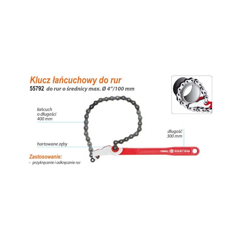 55792 VOREL Cheie cu lant pentru tevi, lungime 300 mm