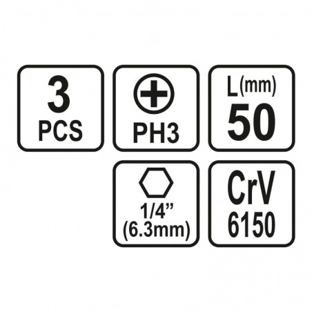 65458 STHOR Set 3 biti philips PH3, prindere hexagonala 1/4",50 mm