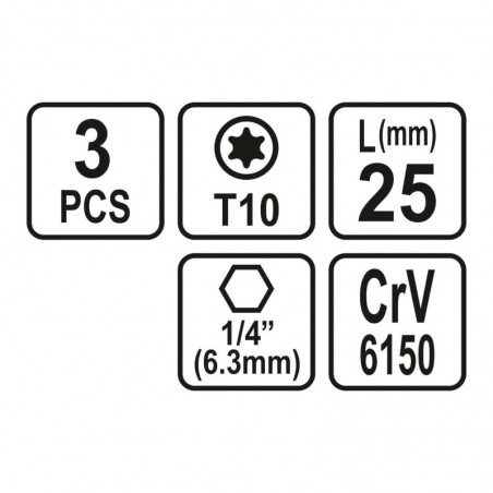 65492 STHOR Set 3 biti profil Torx T10, prindere hexagonala 1/4",25 mm