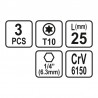 65492 STHOR Set 3 biti profil Torx T10, prindere hexagonala 1/4",25 mm