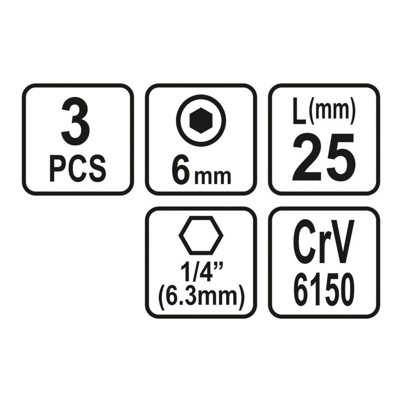 65504 STHOR Set 3 biti profil hexagonal 6x25 mm,  1/4"