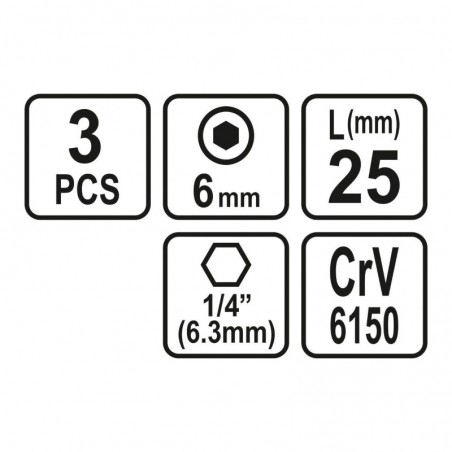 65504 STHOR Set 3 biti profil hexagonal 6x25 mm,  1/4"