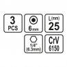 65504 STHOR Set 3 biti profil hexagonal 6x25 mm,  1/4"