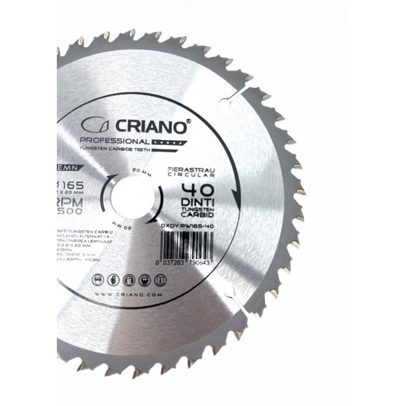 Disc Premium TCT - panza de fierastrau circular pentru taiat lemn, 165x20/16 cu 40 dinti din carbura de tungsten (vidia)