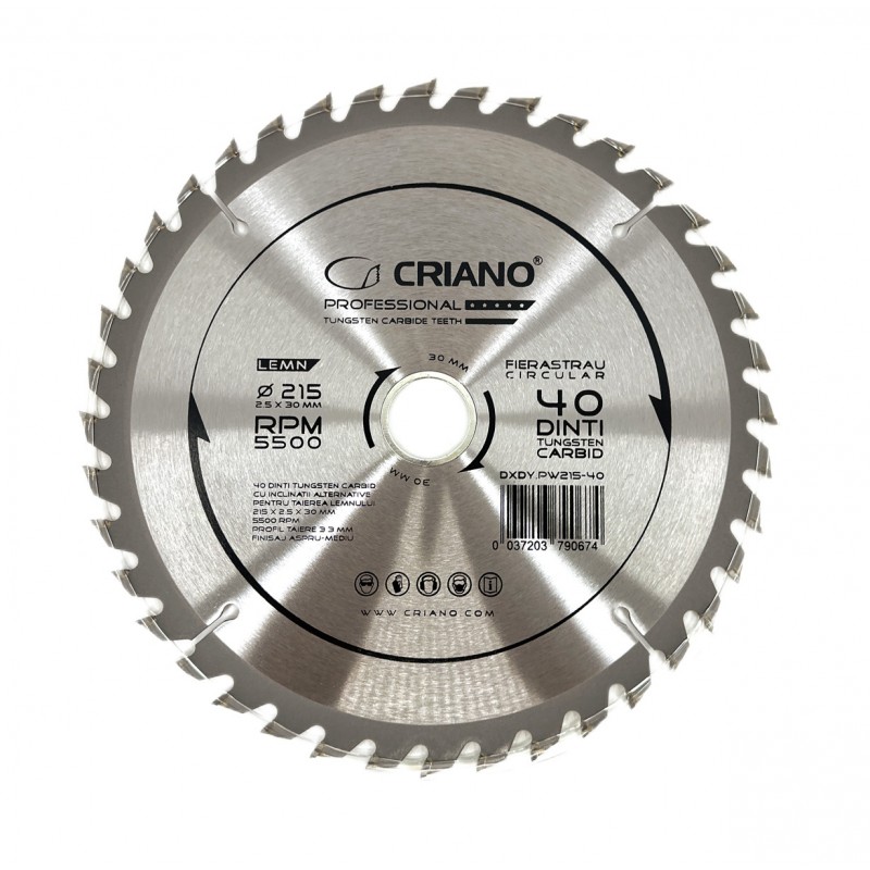 Disc Premium TCT - panza de fierastrau circular pentru taiat lemn, 215x30/25,4/20 cu 40 dinti din carbura de tungsten (vidia)