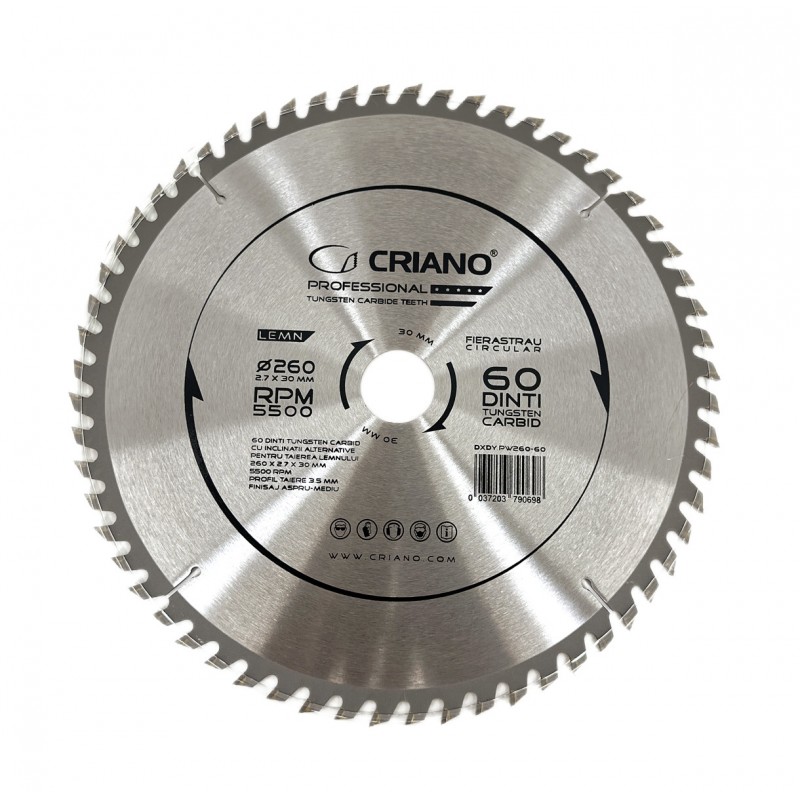 Disc Premium TCT - panza de fierastrau circular pentru taiat lemn, 260x30/25,4/20 cu 60 dinti din carbura de tungsten (vidia)