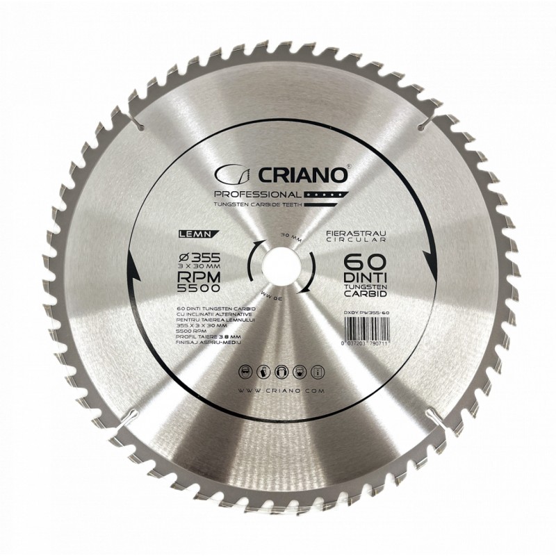 Disc Premium TCT - panza de fierastrau circular pentru taiat lemn, 355x30/25,4/20 cu 60 dinti din carbura de tungsten (vidia)