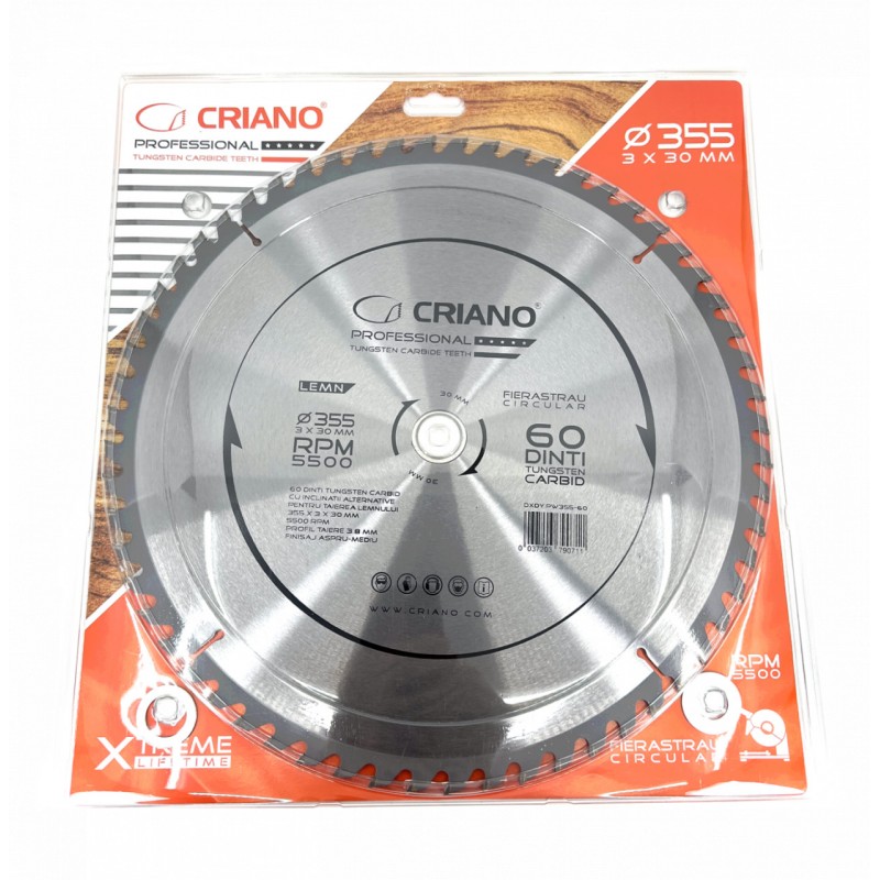 Disc Premium TCT - panza de fierastrau circular pentru taiat lemn, 355x30/25,4/20 cu 60 dinti din carbura de tungsten (vidia)