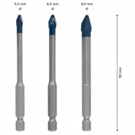 2608902312 BOSCH Set 3 burghie HEX-9 EXPERT, diametre 5/6/8 mm, 90 mm