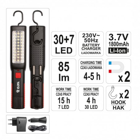 YT-085051 YATO Lampa pentru atelier, 30 + 7 led,100 LM, reincarcabila