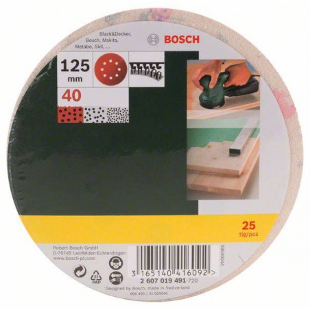 2607019491 BOSCH Set 25 foi abrazive rotunde 125mm,G40,8 gauri,Velcro