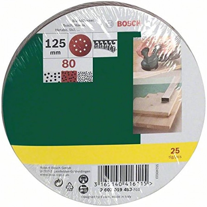 2607019493 BOSCH Set 25 foi abrazive rotunde 125mm,G80,8 gauri,Velcro