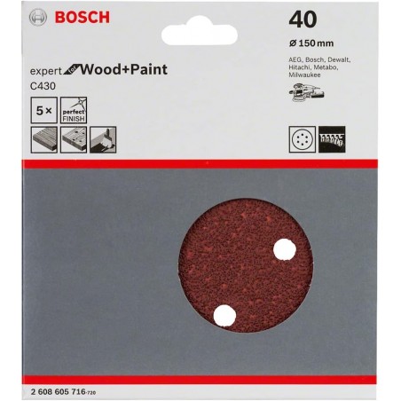 2608605716 BOSCH Set 5 foi abrazive rotunde 150mm, G40, 6 gauri, Velcro