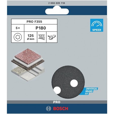 2608605118 BOSCH Set 5 foi abrazive rotunde 125mm, G180, 8 gauri