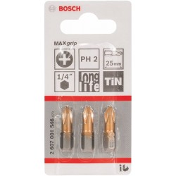 2607001546 BOSCH Set 3 biti de insurubare PH2, lungime 25 mm, hex 1/4"