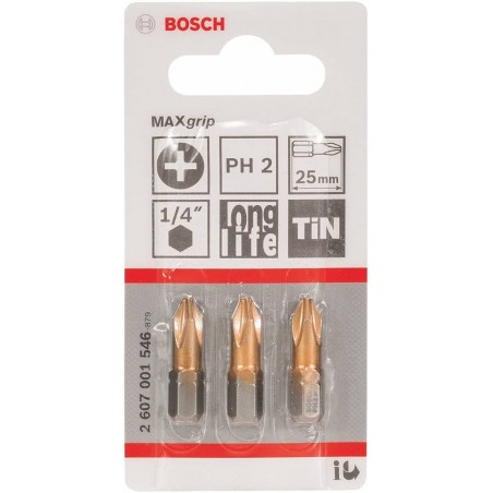 2607001546 BOSCH Set 3 biti de insurubare PH2, lungime 25 mm, hex 1/4"