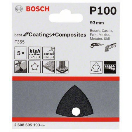 2608605193 BOSCH Set 5 foi abrazive pentru piatra,93mm,6 orificii,G100