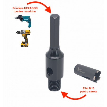 Adaptor carote M16 pentru utilizare la masini cu prindere Hexagonala sau mandrina cu bacuri