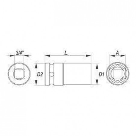 YT-1136 YATO Cheie tubulara hex 36 mm de impact, patrat 3/4", 90 mm
