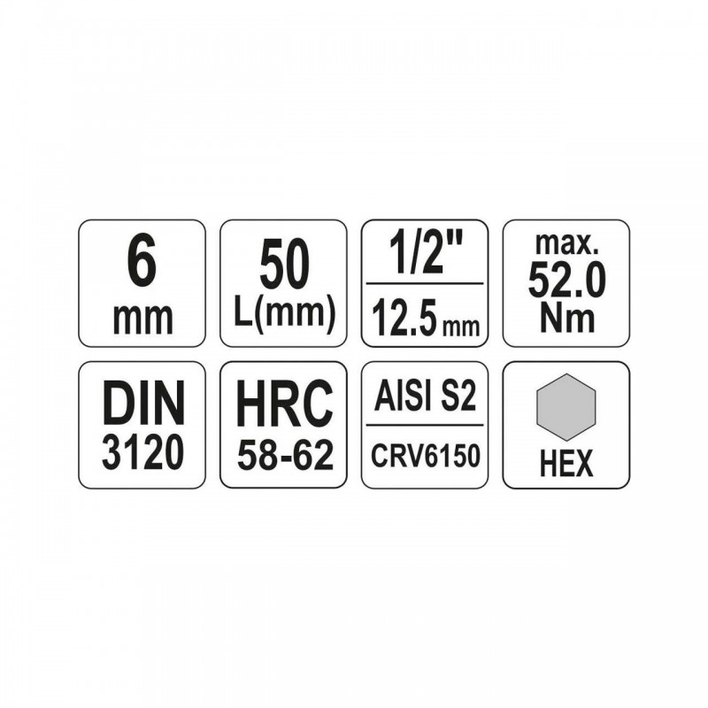 YT-04382 YATO Bit hexagonal 6 mm, cu adaptor prindere patrat 1/2",50mm