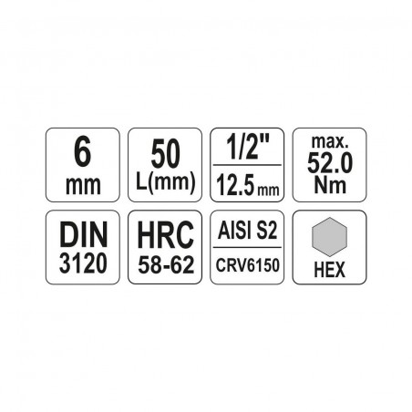 YT-04382 YATO Bit hexagonal 6 mm, cu adaptor prindere patrat 1/2",50mm