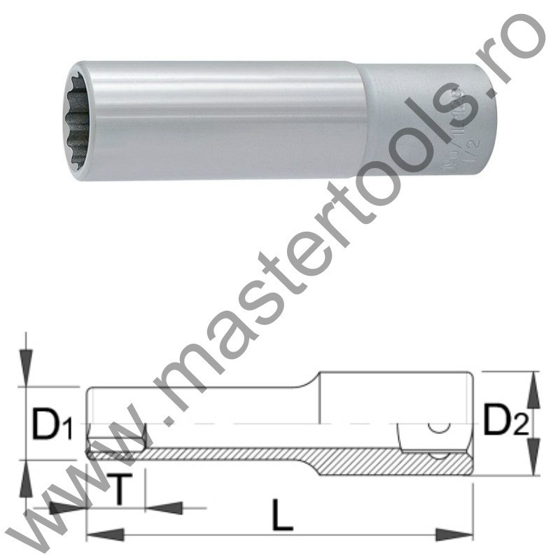 UNIOR Capat cheie tubulara varianta lunga 1/2" cu 12 laturi - 190/1L12p, 27 mm