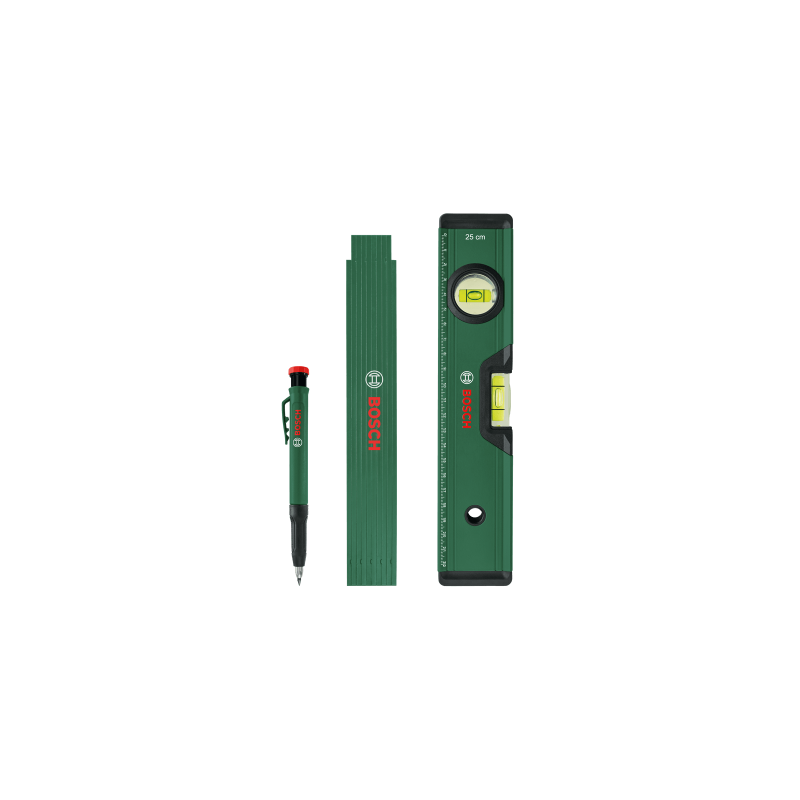 BOSCH Set 3 unelte de mana, nivela bula 25cm, rigla pliabila 2m,creion