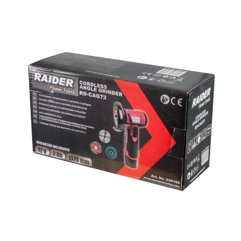 RAIDER Polizor unghiular cu acumulator Li-Ion 12V 2Ah, disc 75x10mm