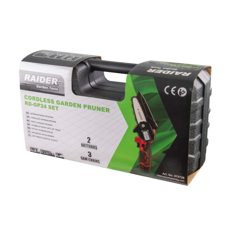 RAIDER Mini-fierastrau de gradina 10 cm, Li-Ion 2x2.0 Ah, pas lant 1/4