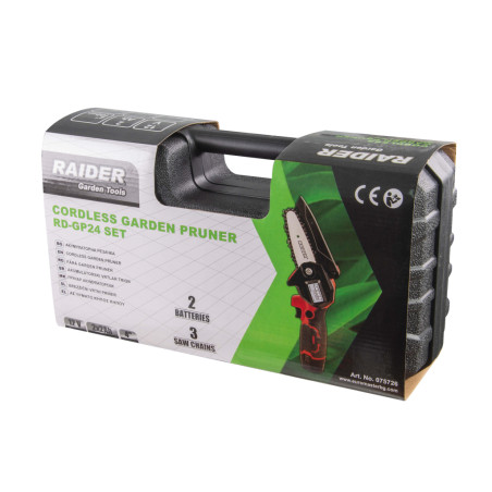 RAIDER Mini-fierastrau de gradina 10 cm, Li-Ion 2x2.0 Ah, pas lant 1/4