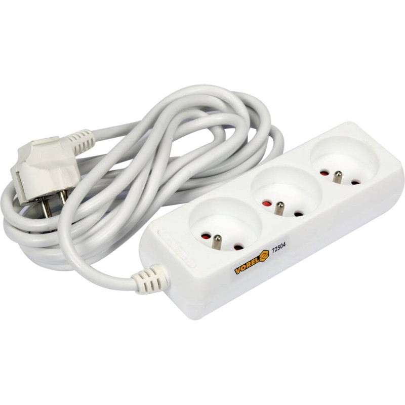 VOREL Prelungitor electric cu impamantare, 3 prize, 3 m, Alb, Plastic