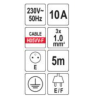 VOREL Prelungitor electric cu impamantare, 3 prize, 5 m, Alb, Plastic