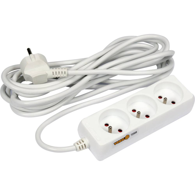 VOREL Prelungitor electric cu impamantare, 3 prize, 5 m, Alb, Plastic