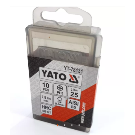 YATO Set 10 biti surubelnita PH1, prindere hex 1/4'', lungime 25 mm