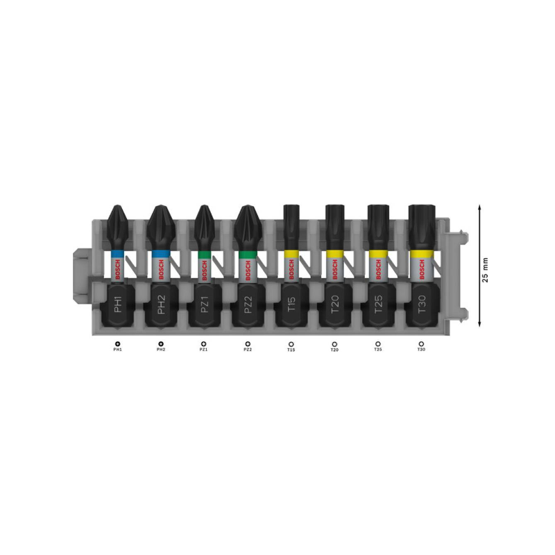 2608521U61 BOSCH PRO Set 8 biti Impact PH1, PH2, PZ1, PZ2, T15,T20,T25,T30, 25 mm